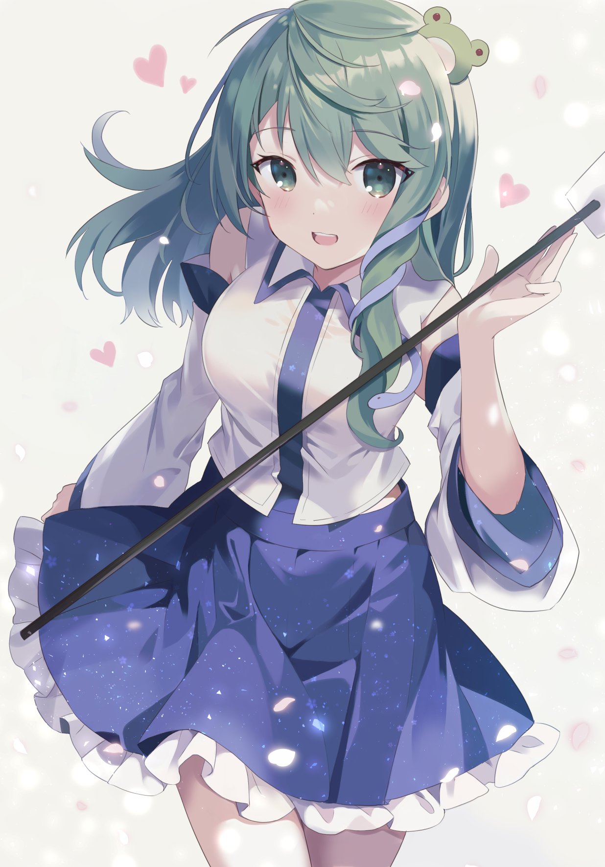 1girl :d blue_skirt breasts commentary_request detached_sleeves fan_hair_ornament gohei green_eyes green_hair hair_ornament highres kochiya_sanae long_hair loveyuzu medium_breasts miniskirt nontraditional_miko open_mouth shirt single_sidelock skirt smile snake_hair_ornament solo teeth touhou upper_teeth_only white_shirt
