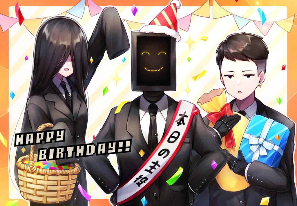1girl 2boys arm_up bada_(library_of_ruina) basket black_coat black_eyes black_gloves black_hair black_jacket black_necktie coat confetti gift gloves happy_birthday hat holding holding_basket holding_gift jacket library_of_ruina long_sleeves martina_(library_of_ruina) mikoto0x0 monitor multiple_boys necktie nemo_(library_of_ruina) object_head party_hat project_moon sleeves_past_fingers sleeves_past_wrists sparkle string_of_flags undercut