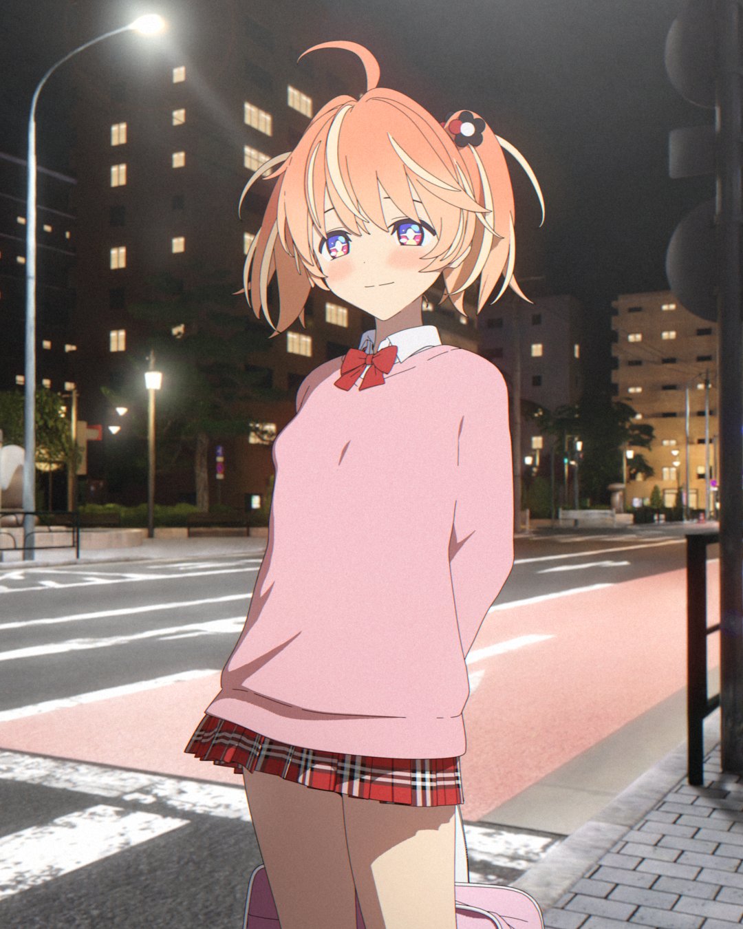 +_+ 1girl 3d ahoge arms_behind_back bag blender_(medium) blonde_hair bow bowtie bright_pupils building city closed_mouth collared_shirt cowboy_shot crosswalk flower hair_flower hair_ornament highres holding holding_bag lamppost light_smile long_sleeves looking_at_viewer medium_hair miniskirt multicolored_eyes multicolored_hair night orange_hair outdoors pink_bag pink_eyes pink_sweater plaid plaid_skirt red_bow red_bowtie red_skirt rinne_(rinrinne) rinrinne rinrinne39_(artist) school_bag school_uniform shirt skirt solo split_mouth standing streaked_hair sweater two_side_up violet_eyes virtual_youtuber white_pupils white_shirt