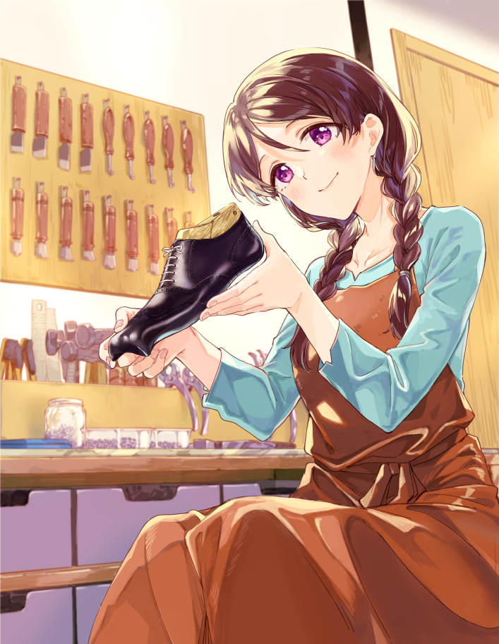 1girl apron black_footwear blue_shirt braid brown_apron brown_hair character_request closed_mouth collarbone commentary_request door hair_between_eyes hair_over_shoulder hands_up head_tilt holding holding_clothes holding_footwear holding_shoes indoors kutsu_no_muku_mama long_sleeves low_twintails miyabi_akino shirt shoes shoes_removed sitting smile solo twin_braids twintails violet_eyes