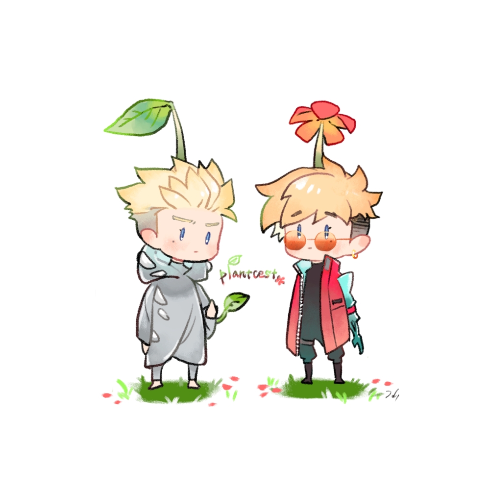 2boys barefoot blonde_hair blue_eyes boots brothers chibi closed_mouth coat commentary earrings flower flower_on_head frown full_body glasses grass grey_robe hari1000bom hood hood_down jewelry leaf light_smile long_sleeves looking_at_viewer male_focus millions_knives mole mole_under_eye multiple_boys orange-tinted_eyewear pants parody_request petals plant_on_head prosthesis prosthetic_arm red_coat red_flower robe siblings simple_background standing symbol-only_commentary tinted_eyewear trigun trigun_stampede twins undercut vash_the_stampede white_background