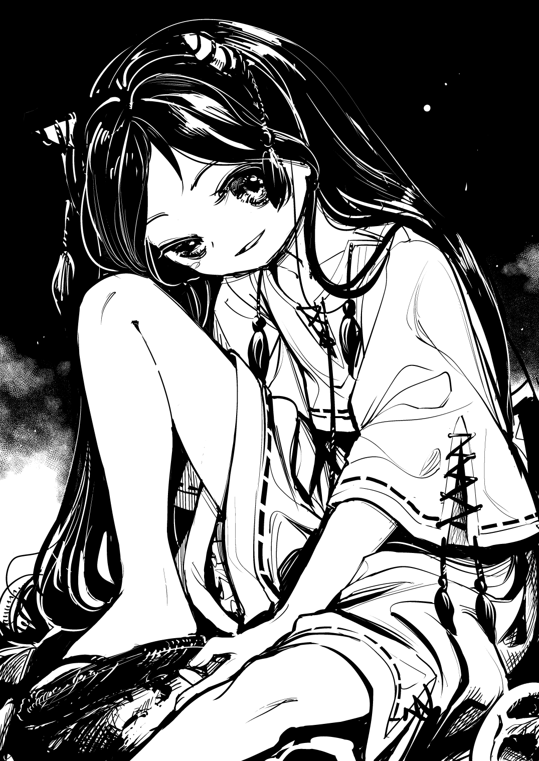 1girl barefoot greyscale highres horns long_hair monochrome nippaku_zanmu oni_horns open_mouth sandals shirt short_sleeves shorts smile solo suna_(s73d) touhou wide_sleeves