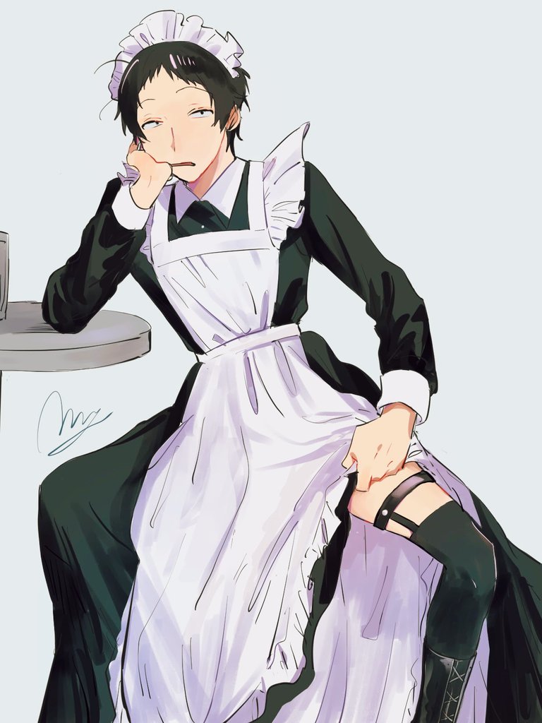 1boy adachi_tooru alternate_costume apron arm_support black_dress black_eyes black_hair black_thighhighs clothes_lift collared_dress commentary_request crossdressing dress enmaided frilled_apron frills garter_straps grey_background hand_on_own_cheek hand_on_own_face hand_up head_rest lifted_by_self long_sleeves looking_at_viewer maid maid_apron maid_headdress male_focus male_maid momotamago persona persona_4 short_hair signature simple_background sitting skirt skirt_lift solo table thigh-highs white_apron