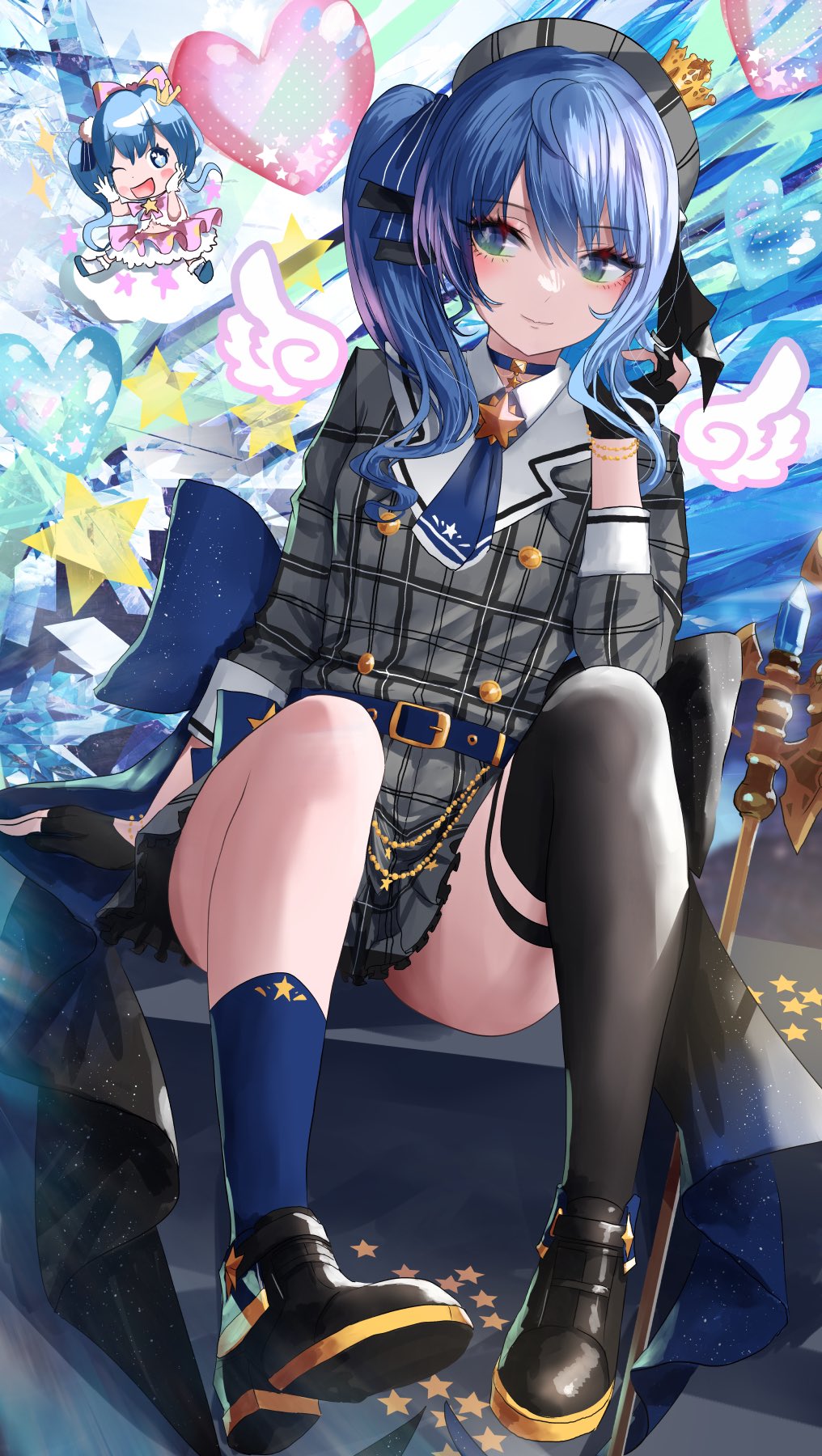 arm_support belt beret blue_choker blue_eyes blue_hair boots choker crown dress gloves hair_ribbon hat heart highres hololive hoshimachi_suisei jacket looking_to_the_side mini_crown multicolored_eyes one_eye_closed open_mouth partially_fingerless_gloves pink_dress plaid plaid_headwear plaid_jacket ribbon side_ponytail sitting solo star_(symbol) star_bracelet star_choker star_in_eye symbol_in_eye thighs virtual_youtuber white_gloves yusuke_(shiota)