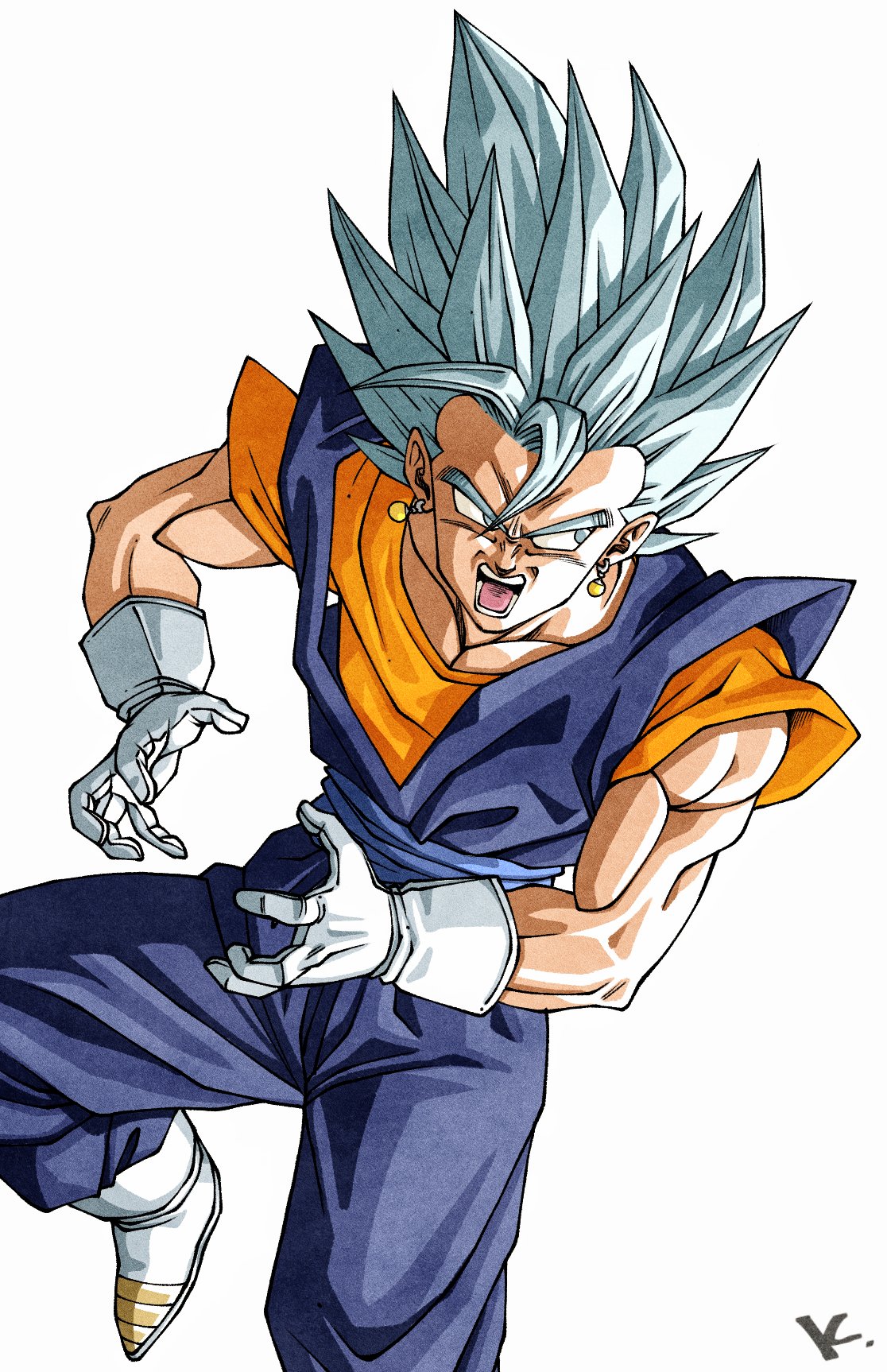 1boy blue_jumpsuit character_request dragon_ball earrings gloves highres jewelry jumpsuit kakeru_(dbskakeru) looking_to_the_side open_mouth orange_shirt shirt simple_background sleeveless solo spiky_hair toriyama_akira_(style) white_background white_gloves white_hair