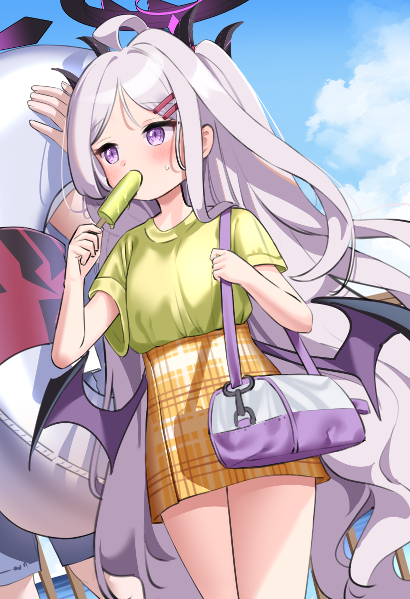 1boy 1girl ahoge alternate_costume bag blue_archive blue_sky casual clouds cloudy_sky commentary_request demon_girl demon_horns demon_wings food food_in_mouth forehead halo handbag highres hina_(blue_archive) holding holding_food holding_innertube holding_popsicle horns ine_(ineinnen) innertube long_hair male_swimwear out_of_frame outdoors parted_bangs plaid plaid_skirt pleated_skirt popsicle popsicle_in_mouth revision sensei_(blue_archive) short_sleeves shoulder_bag sidelocks skirt sky sweat violet_eyes wavy_hair white_hair wings