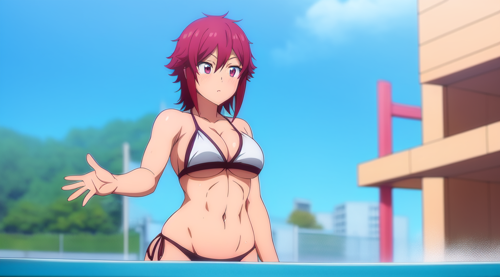 abs, ai_generated aizawa_tomo belly bikini, huge_boobs pool, pool_party redhead solo solo_female sweaty tomo_aizawa, wet wet_body