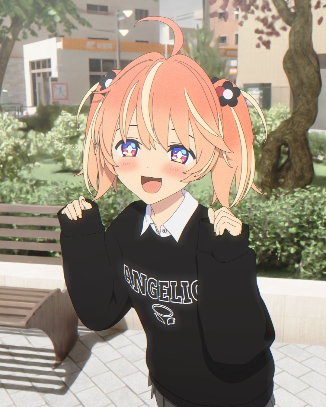 +_+ 1girl 3d ahoge bench black_skirt black_sweater blender_(medium) blonde_hair blush bright_pupils bush clothes_writing collared_shirt cowboy_shot day dot_nose flower grass hair_flower hair_ornament hands_up highres long_sleeves looking_at_viewer medium_hair miniskirt multicolored_eyes multicolored_hair open_mouth orange_hair outdoors park park_bench pink_eyes pleated_skirt print_sweater rinne_(rinrinne) rinrinne rinrinne39_(artist) shirt skirt sleeves_past_wrists smile solo standing streaked_hair sweater tree two_side_up violet_eyes virtual_youtuber white_pupils white_shirt