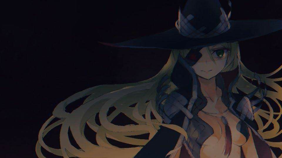 1girl blonde_hair breasts cape dark eyepatch green_eyes hat long_hair looking_at_viewer medium_breasts othinus rossapq simple_background solo toaru_majutsu_no_index toaru_majutsu_no_index:_new_testament witch_hat