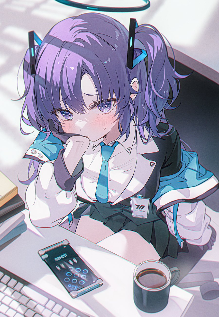 1girl 3: arm_support black_gloves black_jacket black_skirt blue_archive blue_necktie blush bush closed_mouth coffee_mug collarbone collared_shirt cup desk gloves hair_between_eyes half_gloves halo hand_on_own_face head_tilt highres id_card indoors jacket long_hair long_sleeves looking_at_viewer mug necktie open_clothes open_jacket parted_bangs purple_hair school_uniform shirt sidelocks skirt solo swept_bangs tokkyu triangle_hair_ornament two_side_up violet_eyes white_shirt yuuka_(blue_archive)