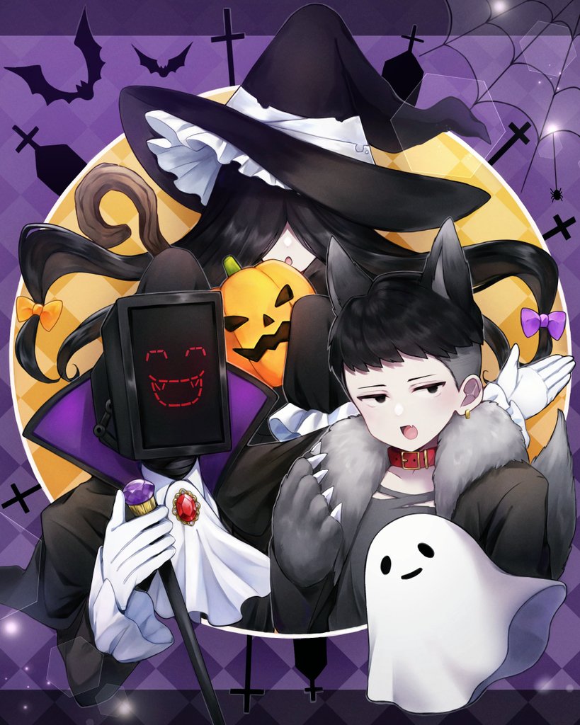 1girl 2boys animal_ears ascot bada_(library_of_ruina) black_eyes black_hair cane collar gem ghost gloves hair_over_eyes halloween_costume hat holding holding_cane library_of_ruina long_hair looking_at_viewer martina_(library_of_ruina) mikoto0x0 multiple_boys nemo_(library_of_ruina) open_mouth project_moon red_collar red_gemstone undercut very_long_hair white_ascot white_gloves witch_hat wolf_ears