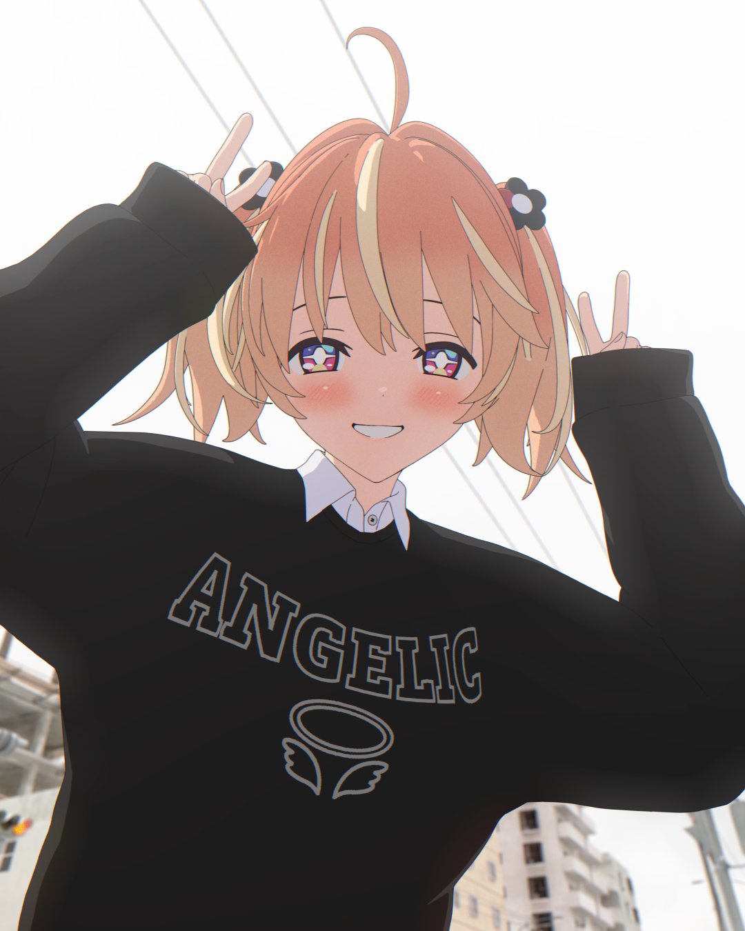 +_+ 1girl 3d ahoge black_sweater blender_(medium) blonde_hair blush bright_pupils clothes_writing collared_shirt day double_v english_text grin highres long_sleeves looking_at_viewer medium_hair multicolored_eyes multicolored_hair orange_hair outdoors overcast pink_eyes power_lines print_sweater rinne_(rinrinne) rinrinne rinrinne39_(artist) shirt sky sleeves_past_wrists smile solo streaked_hair sweater teeth two_side_up upper_body v violet_eyes virtual_youtuber white_pupils white_shirt