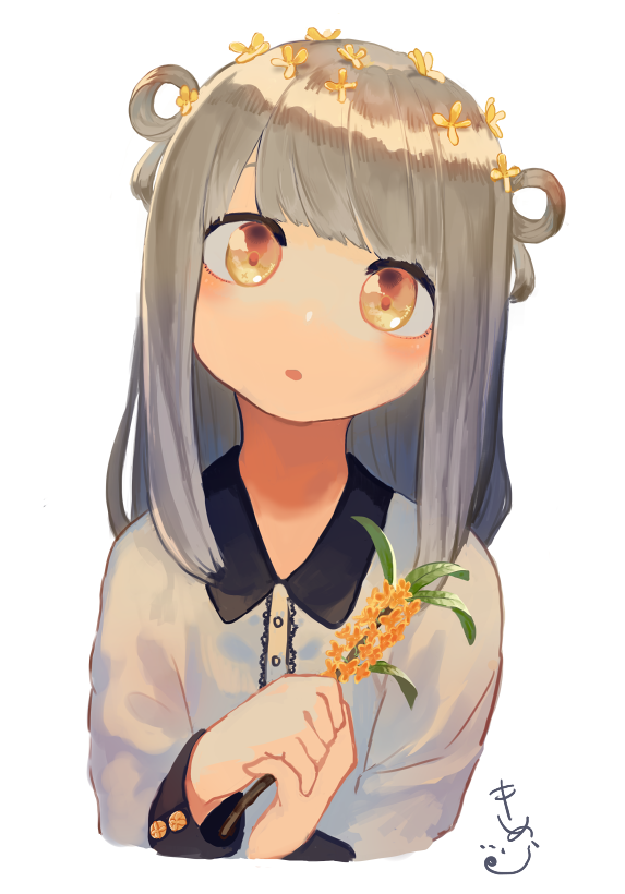 1girl :o flower grey_hair hair_flower hair_ornament hair_rings head_tilt holding holding_flower looking_at_viewer medium_hair original osmanthus signature simple_background solo two_side_up upper_body white_background yellow_eyes yukitsukumo