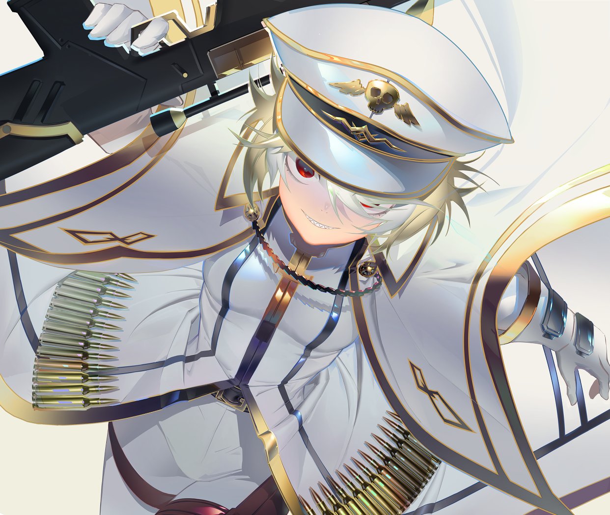 1girl arc_the_lad belt breasts bullet closed_mouth gloves gun hat looking_at_viewer military_uniform protected_link red_eyes save_scene_a sharp_teeth short_hair simple_background smile solo teeth uniform weapon white_background