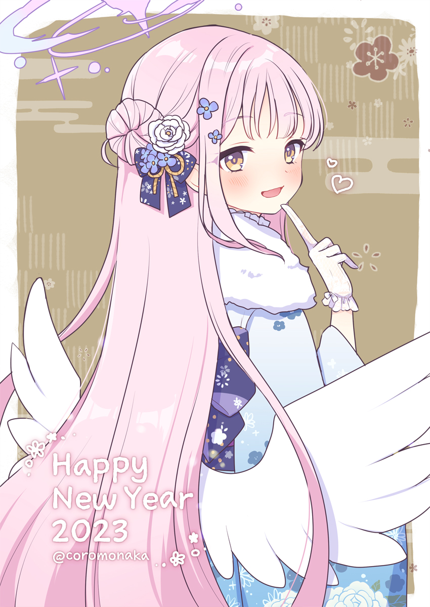 2023 alternate_costume angel_wings blue_archive bow coromonaka english_text feathered_wings finger_to_mouth flower from_behind fur_scarf gloves hair_bow hair_bun hair_flower hair_ornament hair_ribbon happy_new_year highres index_finger_raised japanese_clothes kimono looking_back mika_(blue_archive) pink_hair ribbon single_side_bun two-tone_gloves white_gloves white_wings wings yellow_eyes