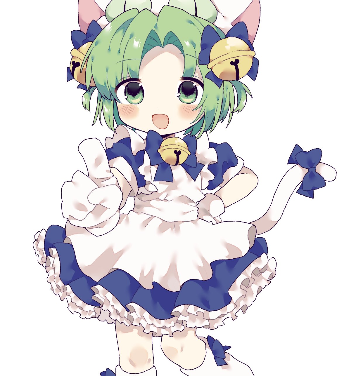 1girl :d animal_ears animal_hat apron bell blue_bow blue_dress blush bow cat_ears cat_hat cat_tail dejiko di_gi_charat dress green_eyes green_hair hair_bell hair_ornament hand_on_own_hip haruno_(hrn_1125i) hat highres index_finger_raised jingle_bell looking_at_viewer maid_apron open_mouth parted_bangs short_hair simple_background smile solo standing tail tail_bow tail_ornament white_apron white_background white_footwear white_mittens