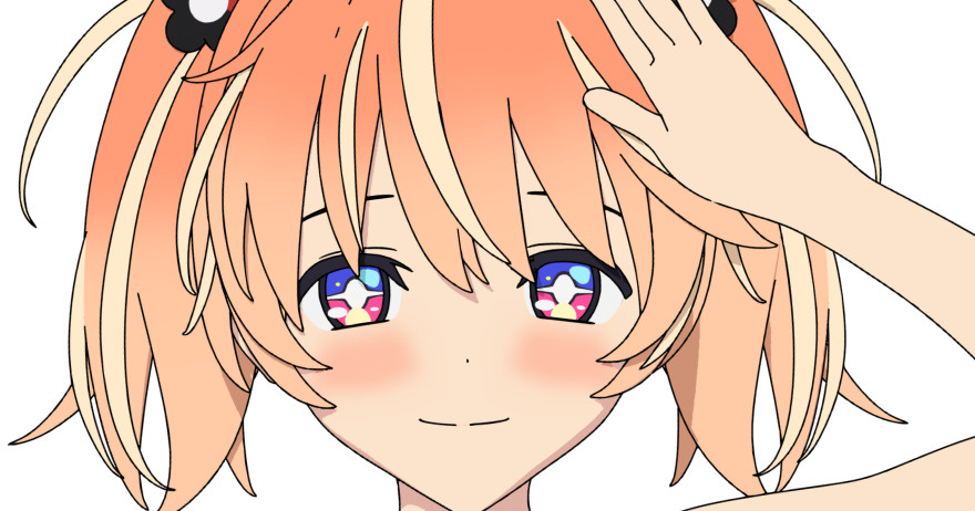 +_+ 1girl 3d blender_(medium) blonde_hair blush bright_pupils cel_shading closed_mouth cropped dot_nose english_commentary flower hair_flower hair_ornament hand_up light_smile looking_at_viewer medium_hair mixed-language_commentary multicolored_eyes multicolored_hair orange_hair paid_reward_available pink_eyes portrait rinne_(rinrinne) rinrinne rinrinne39_(artist) short_twintails simple_background solo split_mouth streaked_hair twintails violet_eyes virtual_youtuber white_background white_pupils
