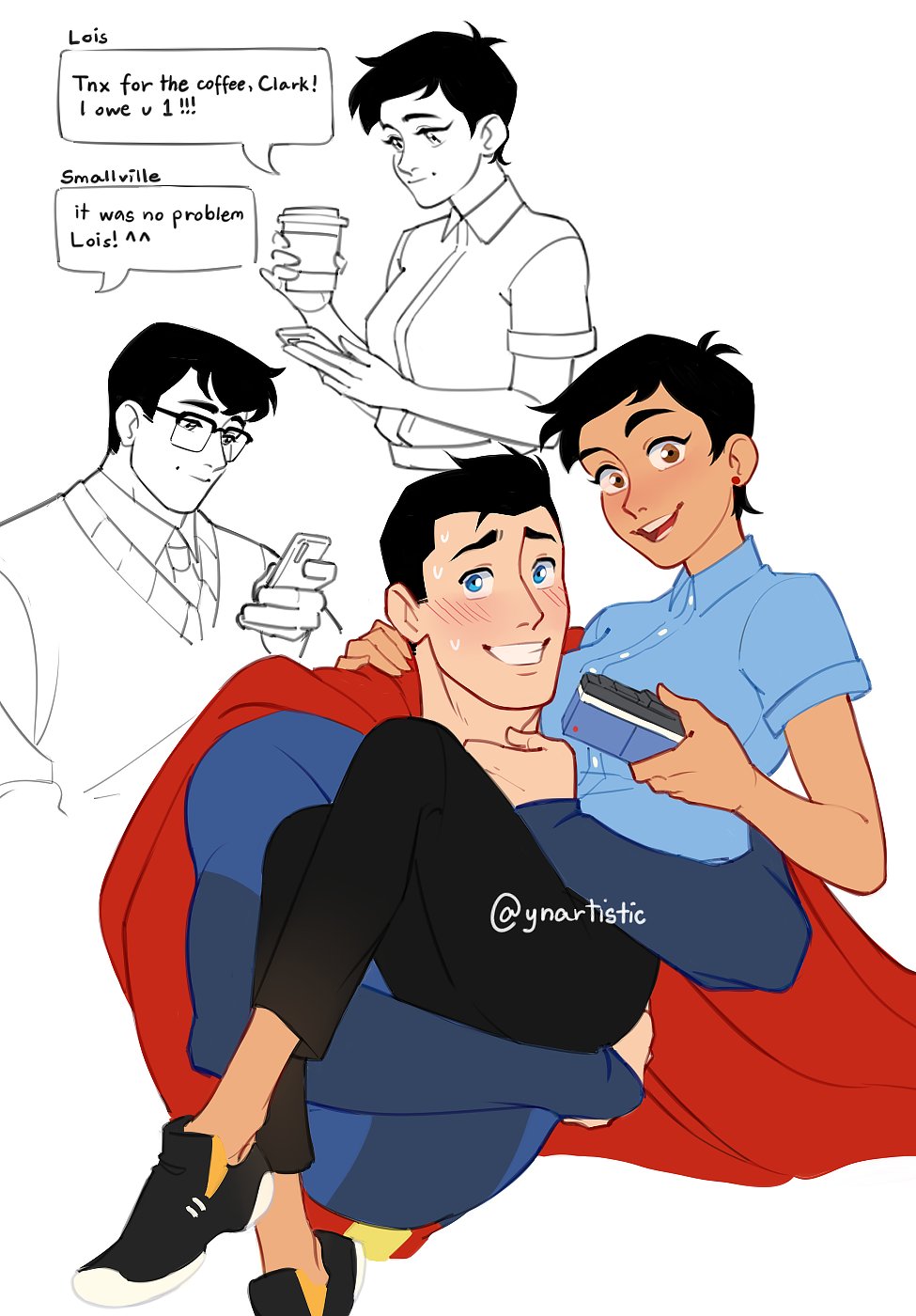 1boy 1girl black_hair black_pants blue_eyes blush brown_eyes cape carrying cellphone clark_kent collared_shirt cup dark-skinned_female dark_skin dc_comics disposable_cup english_commentary english_text glasses grin highres lois_lane my_adventures_with_superman necktie open_mouth pants phone shirt smartphone smile superman superman_(series) sweater text_messaging twitter_username ynartistic
