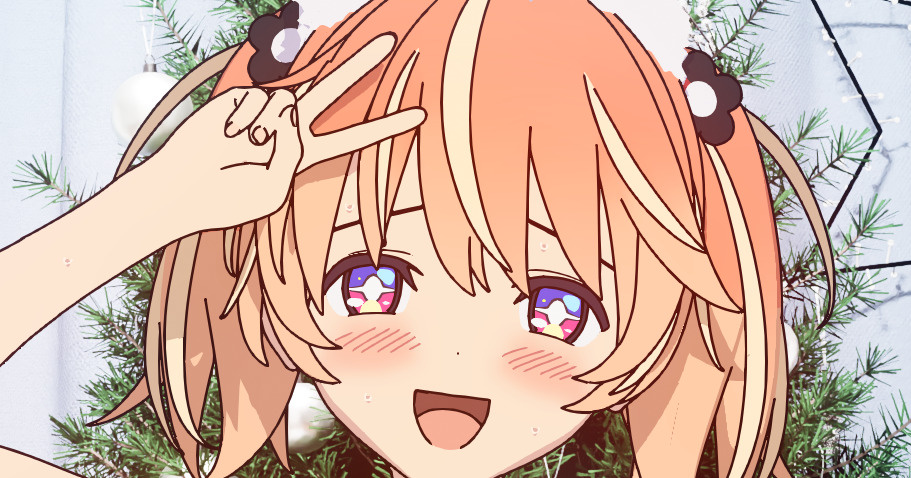 +_+ 1girl 3d blender_(medium) blonde_hair blush bright_pupils cel_shading christmas_tree commentary cropped dot_nose english_commentary flower hair_flower hair_ornament hand_up looking_at_viewer medium_hair mixed-language_commentary multicolored_eyes multicolored_hair open_mouth orange_hair paid_reward_available pink_eyes portrait rinne_(rinrinne) rinrinne rinrinne39_(artist) short_twintails smile solo straight-on streaked_hair sweat twintails v violet_eyes virtual_youtuber white_pupils