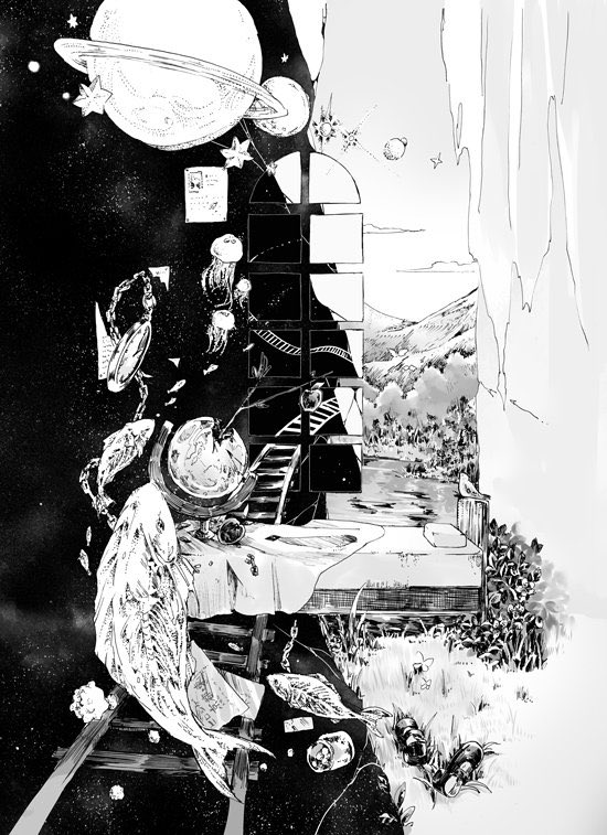 abstract_background bed branch clouds commentary fish flower globe grass greyscale hanada_hyou jellyfish lake landscape mary_janes monochrome mountainous_horizon no_humans paper pillow planetary_ring plant pocket_watch railroad_tracks shoes sky star_(sky) star_(symbol) touhou tree watch window