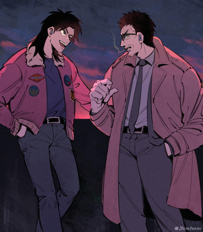 2boys backlighting belt black_belt black_eyes black_hair bomber_jacket brown_coat cigarette clouds coat collared_shirt commentary_request endou_yuuji facial_hair feet_out_of_frame goatee grey_jacket grey_necktie grey_pants grey_shirt hand_in_pocket inudori itou_kaiji jacket kaiji long_hair looking_at_another male_focus medium_bangs multiple_boys necktie open_clothes open_coat open_jacket open_mouth pants parted_bangs patch pink_sky profile shirt short_bangs short_hair sky smile smoke smoking sunglasses sunset teeth upper_teeth_only very_short_hair