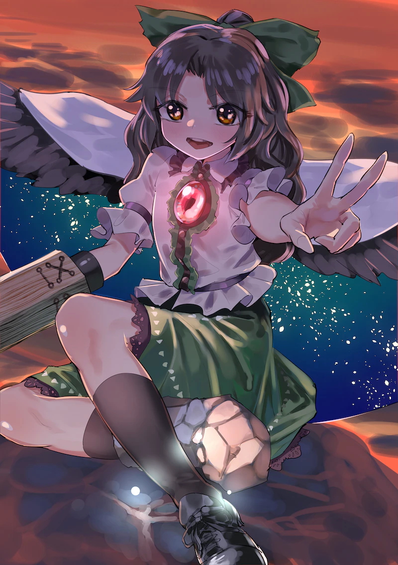1girl arm_cannon bird_wings black_footwear black_hair black_wings bow brown_eyes commentary_request commission feathered_wings fingernails flat_chest frilled_shirt frilled_sleeves frills green_bow green_skirt gunnjou_yosio hair_bow kneehighs long_hair looking_at_viewer on_floor open_mouth outstretched_arm reiuji_utsuho shirt shoes short_sleeves sitting skeb_commission skirt socks solo stone_floor teeth third_eye third_eye_on_chest touhou upper_teeth_only v weapon white_shirt wings