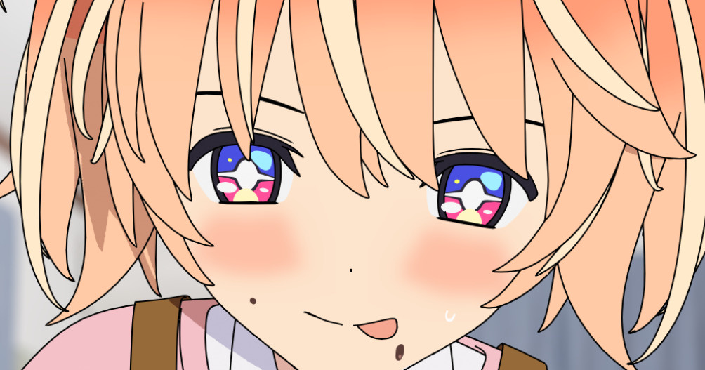 +_+ 1girl 3d blender_(medium) blonde_hair bright_pupils cel_shading closed_mouth cropped dot_nose english_commentary food food_on_face looking_at_viewer medium_hair mixed-language_commentary multicolored_eyes multicolored_hair orange_hair paid_reward_available pink_eyes portrait rinne_(rinrinne) rinrinne rinrinne39_(artist) short_twintails solo streaked_hair sweatdrop tongue tongue_out twintails violet_eyes virtual_youtuber white_pupils