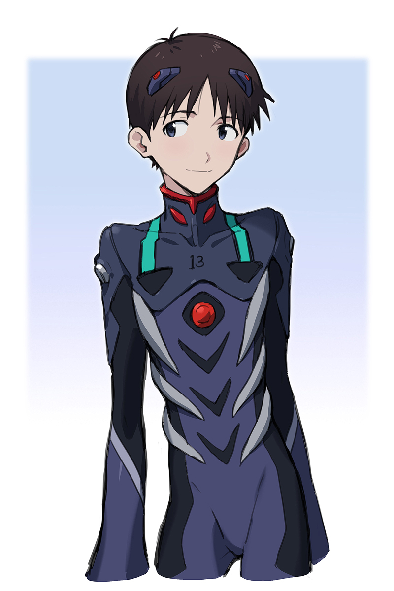 11kkr 1boy black_bodysuit blue_background blue_eyes blush bodysuit border brown_hair closed_mouth commentary_request gradient_background highres ikari_shinji looking_to_the_side male_focus neon_genesis_evangelion number_print outside_border parted_bangs purple_bodysuit short_hair simple_background smile solo standing two-tone_bodysuit white_border