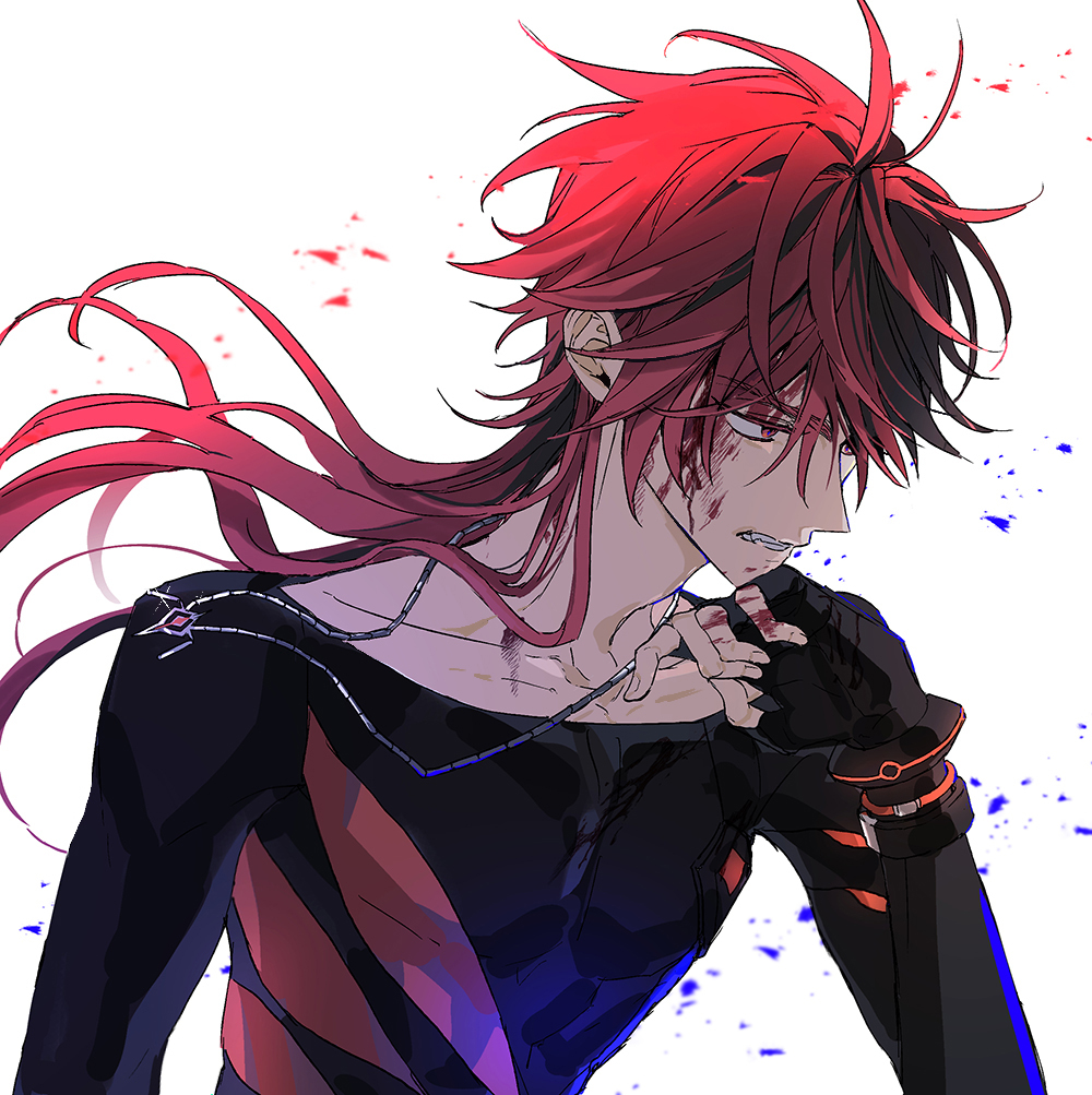1boy black_gloves black_hair black_shirt blood blood_on_face collarbone elsword elsword_(character) fingerless_gloves floating_hair gloves immortal_(elsword) injury jewelry long_hair long_sleeves male_focus multicolored_hair muscular muscular_male necklace red_eyes redhead rparp shirt simple_background solo teeth two-tone_hair white_background