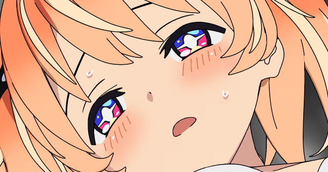 +_+ 1girl 3d blender_(medium) blonde_hair blush bright_pupils cel_shading cropped english_commentary half-closed_eyes looking_at_viewer medium_hair mixed-language_commentary multicolored_eyes multicolored_hair open_mouth orange_hair paid_reward_available pink_eyes portrait rinne_(rinrinne) rinrinne rinrinne39_(artist) short_twintails sick solo streaked_hair sweat twintails violet_eyes virtual_youtuber white_pupils