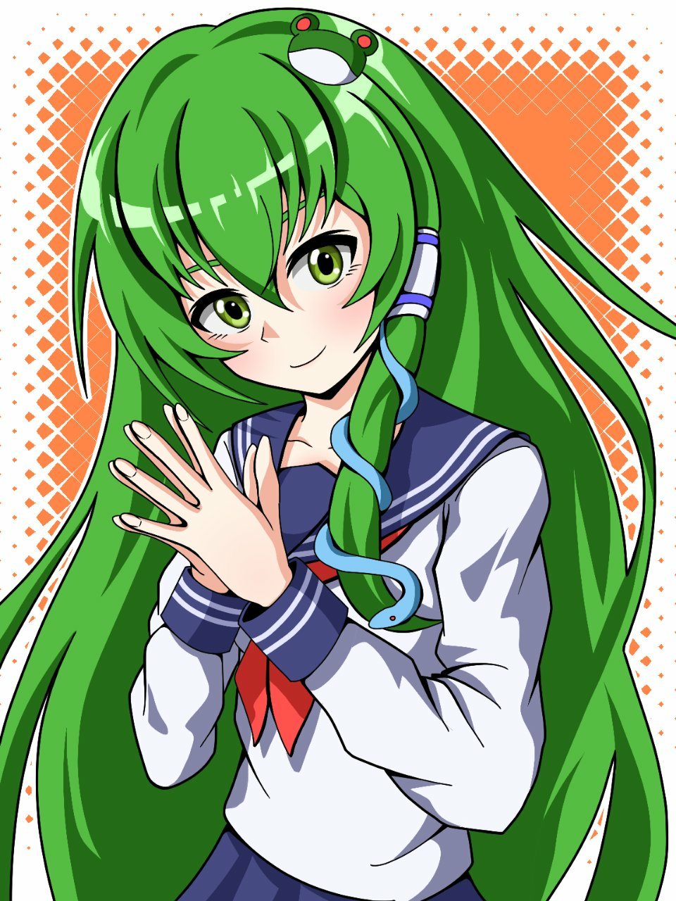 1girl alternate_costume black_sailor_collar closed_mouth commentary_request frog_hair_ornament green_eyes green_hair hair_ornament hair_tubes highres kochiya_sanae long_sleeves looking_at_viewer neckerchief orange_background own_hands_together red_neckerchief sailor_collar shirt smile snake_hair_ornament solo touhou upper_body white_shirt zheng3008451858
