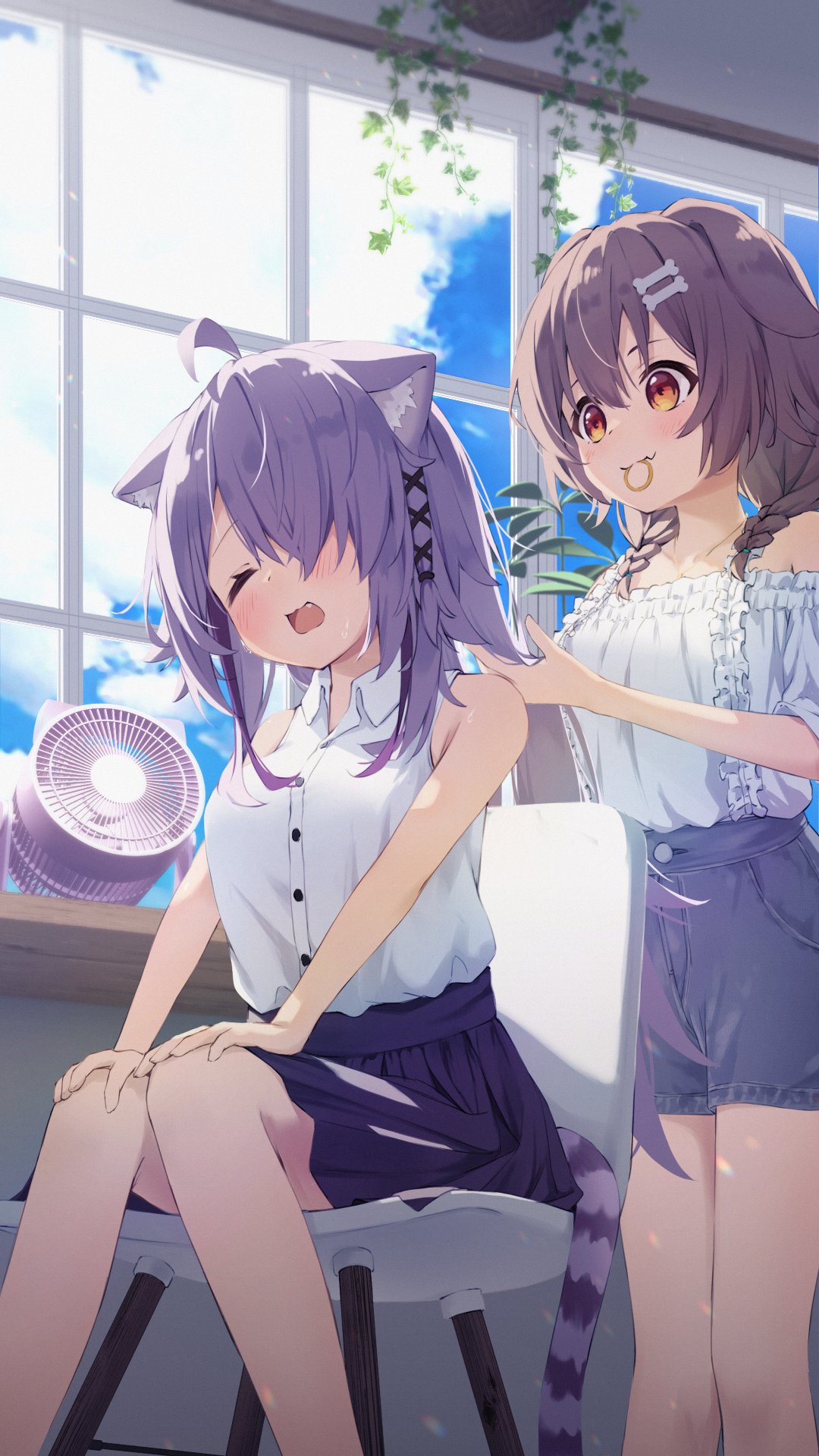 2girls :3 ahoge alternate_costume alternate_hair_length alternate_hairstyle animal_ears asymmetrical_bangs bare_shoulders black_skirt blouse blue_shorts braid brown_hair brushing_another's_hair brushing_hair buttons cat_ears cat_tail closed_eyes collared_shirt commentary commentary_request detached_collar dog_ears electric_fan feet_out_of_frame frilled_shirt frills hair_over_one_eye hair_tie_in_mouth hands_on_own_thighs highres hololive hot inugami_korone low_twin_braids low_twintails miniskirt mouth_hold multiple_girls nekomata_okayu official_alternate_hair_length official_alternate_hairstyle on_chair pink_hair pleated_skirt shirt shorts sidelocks skirt sleeveless sleeveless_shirt sweat symbol-only_commentary tail taitan twin_braids twintails very_sweaty virtual_youtuber white_background window
