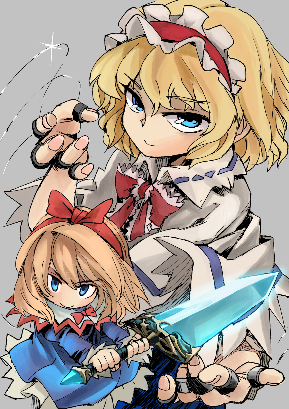 1girl alice_margatroid ascot blonde_hair blue_dress blue_eyes bow capelet closed_mouth doll dress frilled_ascot frilled_dress frilled_hairband frills glint greatsword grey_background hair_bow hairband hand_up highres holding holding_sword holding_weapon huge_weapon lolita_hairband looking_at_viewer medium_hair puppet_strings red_ascot red_bow red_hairband rightorisamraido3 shanghai_doll simple_background smile sword touhou upper_body weapon white_capelet
