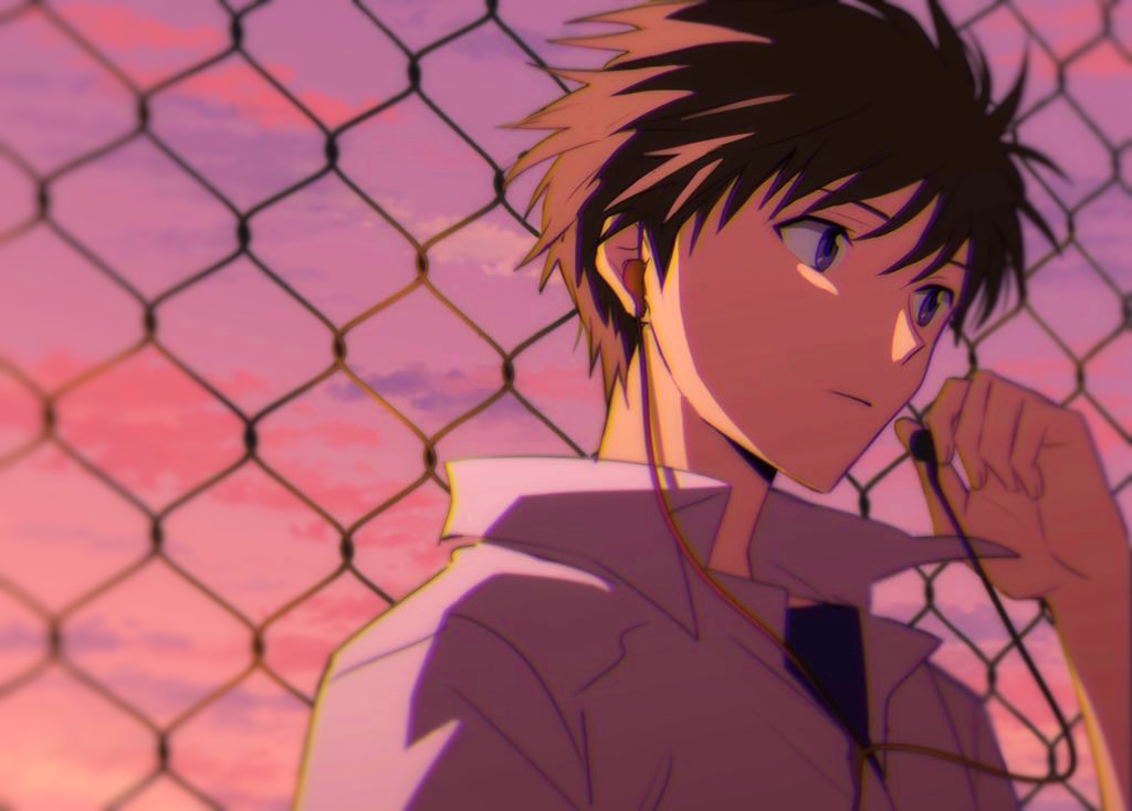 1boy blue_shirt brown_hair closed_mouth clouds cloudy_sky collared_shirt earphones evening fingernails gradient_sky hair_between_eyes hand_up holding holding_earphones ikari_shinji looking_to_the_side male_focus neon_genesis_evangelion outdoors pink_sky purple_sky shirt short_hair short_sleeves single_earphone_removed sky solo standing t-shirt tousok violet_eyes white_shirt