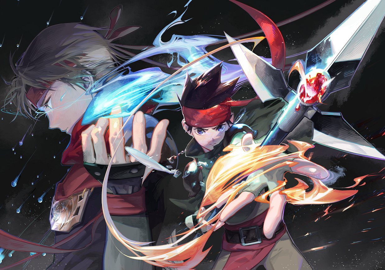 2boys arc_(arc_the_lad) arc_the_lad arc_the_lad_ii bandana belt black_hair closed_mouth earrings elc_(arc_the_lad) fingerless_gloves fire gloves jewelry looking_at_viewer magic male_focus multiple_boys polearm protected_link save_scene_a short_hair spear spiky_hair weapon