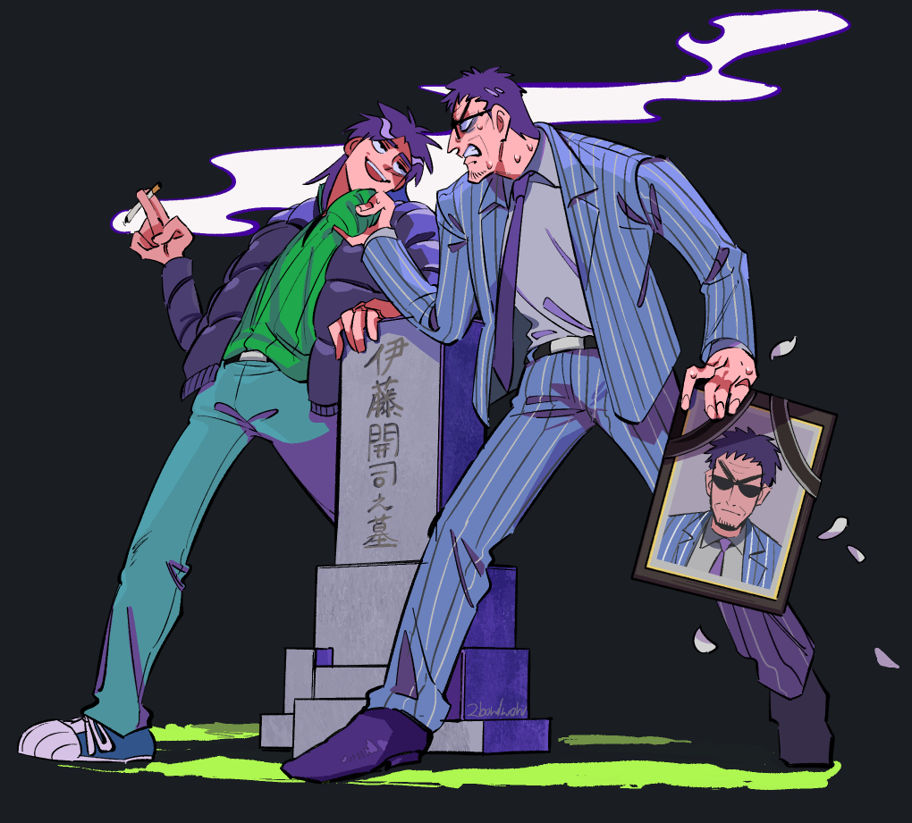 2boys angry belt black_background black_belt black_eyes black_footwear black_hair black_jacket black_necktie blue_footwear blue_jacket blue_pants cigarette clenched_teeth collar_grab commentary_request endou_yuuji full_body green_sweater grey_shirt holding holding_cigarette holding_photo iei inudori itou_kaiji jacket kaiji long_hair long_sleeves looking_at_another male_focus medium_bangs multiple_boys necktie open_clothes open_jacket open_mouth pants petals photo_(object) pinstripe_pattern pinstripe_suit shirt shirt_tucked_in shoes short_bangs short_hair smile smoke smoking smug sneakers striped striped_jacket striped_pants suit sweater teeth tombstone upper_teeth_only vertical-striped_jacket vertical-striped_pants vertical_stripes very_short_hair