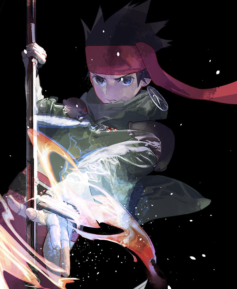 1boy arc_the_lad arc_the_lad_ii bandana belt black_hair closed_mouth earrings elc_(arc_the_lad) fingerless_gloves fire gloves jewelry looking_at_viewer magic male_focus polearm protected_link save_scene_a short_hair simple_background solo spear spiky_hair weapon