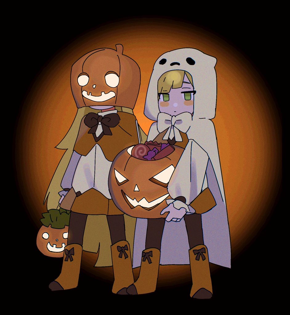 1boy 1girl blonde_hair blush boots bow bowtie brown_bow brown_bowtie brown_pantyhose candy capelet closed_mouth food ghost_costume green_eyes holding holding_food holding_pumpkin holding_vegetable jack-o'-lantern lobotomy_corporation long_hair long_sleeves mu46016419 orange_capelet orange_footwear pantyhose project_moon puffy_long_sleeves puffy_sleeves pumpkin shirt tiphereth_a_(project_moon) tiphereth_b_(project_moon) vegetable very_long_hair white_bow white_bowtie white_shirt