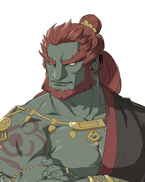 1boy beard closed_mouth colored_skin crossed_arms earrings facial_hair fingernails foxvulpine ganondorf gold_earrings green_skin hadanugi_dousa hair_bun jewelry male_focus mature_male muscular muscular_male pectorals redhead ring shoulder_tattoo smile solo tattoo the_legend_of_zelda the_legend_of_zelda:_tears_of_the_kingdom thick_eyebrows upper_body white_background