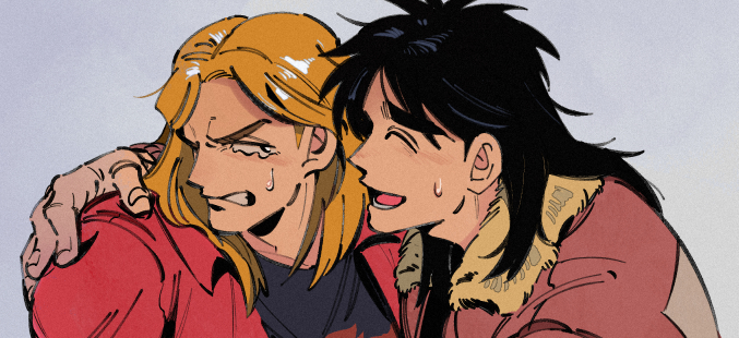 2boys black_eyes black_hair black_shirt blonde_hair bomber_jacket brown_jacket closed_eyes commentary_request fingernails grey_background hand_on_another's_shoulder inudori itou_kaiji jacket kaiji kitami_(kaiji) long_hair looking_at_another looking_to_the_side lower_teeth_only male_focus medium_bangs multiple_boys open_mouth parted_bangs shirt simple_background smile teeth upper_body wavy_eyes
