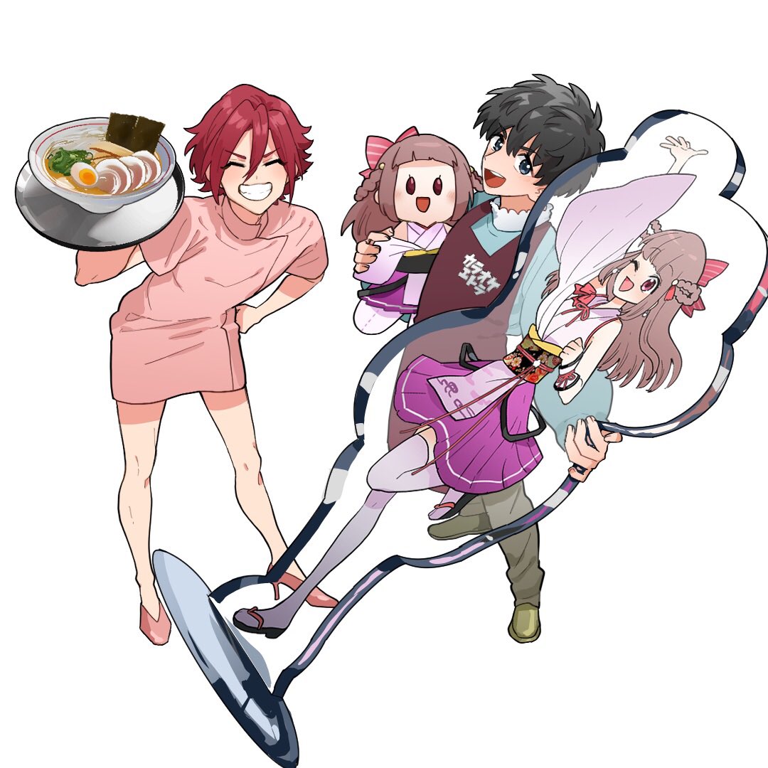 2boys :d acrylic_stand akamatsu_(etra-chan_wa_mita!) apron black_hair blue_shirt bowl brown_pants character_doll closed_eyes commentary_request crossdressing doll etra-chan_wa_mita! etra_(etra-chan_wa_mita!) food full_body green_footwear hair_between_eyes hand_on_own_hip high_heels holding holding_doll holding_tray kuroki_(etra-chan_wa_mita!) long_sleeves male_focus multiple_boys noodles nurse open_mouth pants pink_footwear ramen red_apron redhead shimizuy418 shirt shoes short_hair short_sleeves simple_background smile translation_request tray white_background
