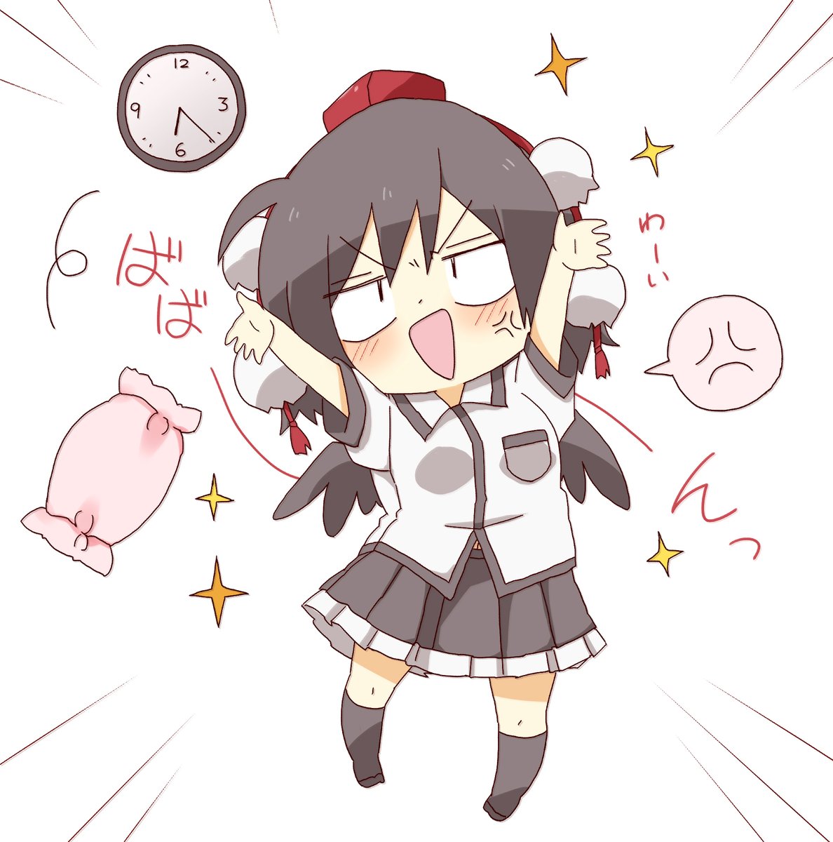 1girl anger_vein arms_up black_hair black_skirt black_socks black_wings blush breasts chibi clock collared_shirt commentary_request dress_shirt emphasis_lines feathered_wings frilled_skirt frills full_body hat highres kneehighs looking_at_viewer no_shoes open_mouth pillow pleated_skirt puffy_short_sleeves puffy_sleeves red_headwear shameimaru_aya shirt short_sleeves simple_background skirt small_breasts socks solo sparkle spoken_anger_vein tokin_hat totoharu_(kujirai_minato) touhou v-shaped_eyebrows wall_clock white_background white_shirt wings