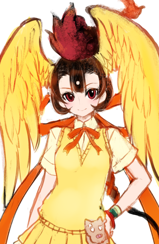 1girl bird_girl bird_wings black_hair bow bowtie cardigan feathered_wings head_wings hi_no_tori_(kemono_friends) ise_(0425) kemono_friends long_hair looking_at_viewer multicolored_hair red_eyes redhead ribbon shirt simple_background skirt smile solo two-tone_hair wings wristband yellow_wings