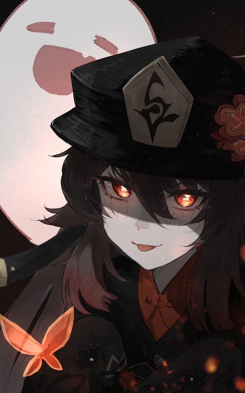 1girl :p black_coat black_headwear blush boo_tao_(genshin_impact) bright_pupils brown_hair coat commentary embers flower genshin_impact ghost hair_between_eyes hat hat_flower highres hu_tao_(genshin_impact) long_hair looking_at_viewer mugwort red_eyes red_shirt shaded_face shirt sleeves_past_fingers sleeves_past_wrists solo tongue tongue_out twintails upper_body white_pupils