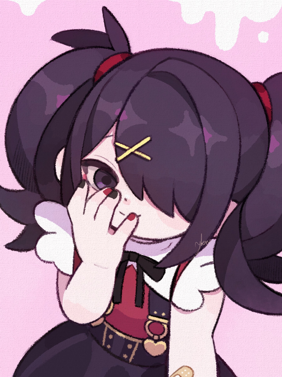 1girl ame-chan_(needy_girl_overdose) bandaid black_eyes black_hair black_nails black_ribbon black_skirt collar collared_shirt hair_ornament hair_over_one_eye hair_tie hairclip hand_on_own_face hand_up highres long_hair looking_at_viewer multicolored_nails neck_ribbon needy_girl_overdose pink_background red_nails red_shirt ribbon shirt shirt_tucked_in skirt smile solo suspender_skirt suspenders twintails white_collar x_hair_ornament yukino_super