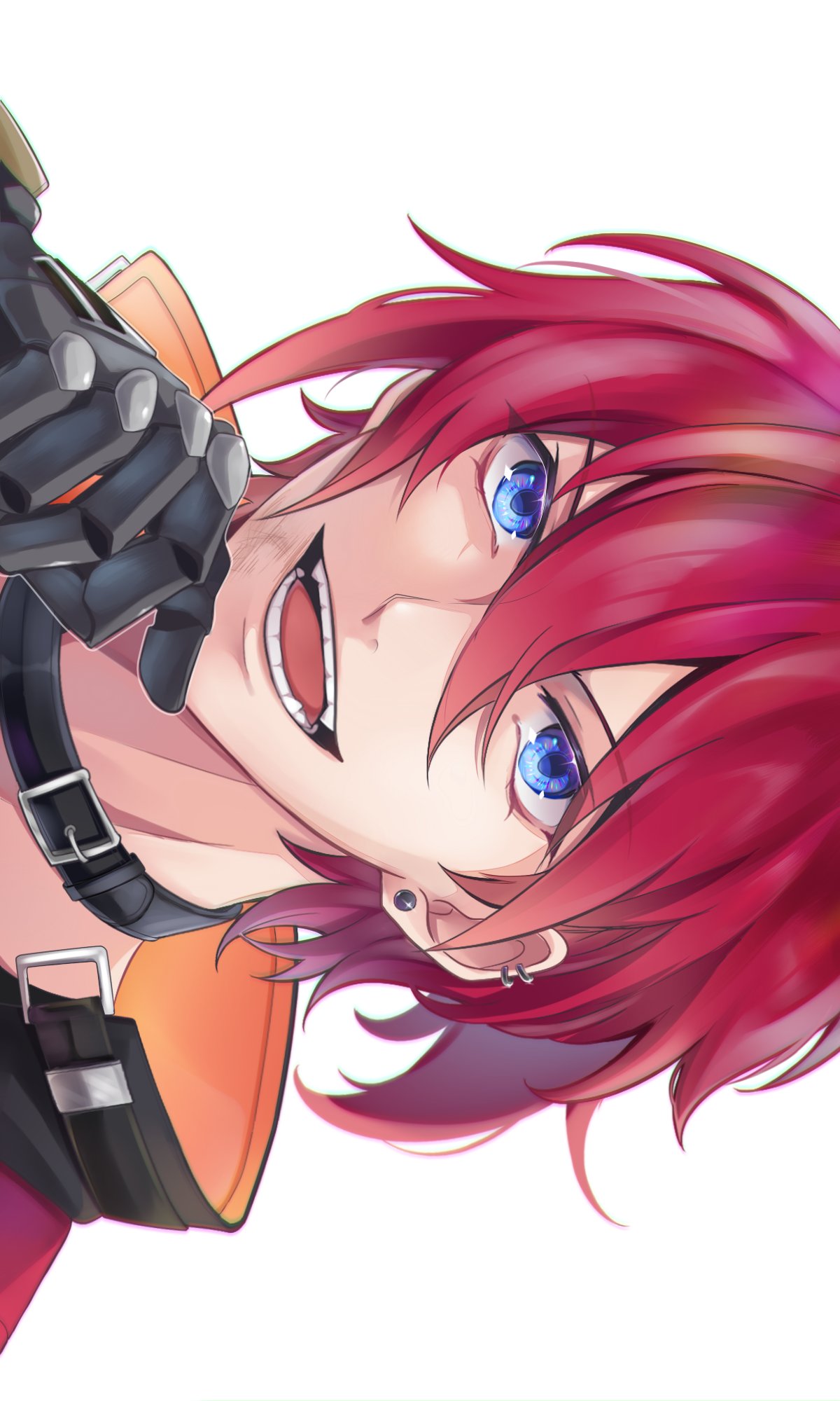 1boy belt blue_eyes close-up earrings hair_between_eyes hand_on_own_chin highres honkai:_star_rail honkai_(series) jewelry looking_at_viewer luka_(honkai:_star_rail) male_focus mechanical_arms ngarana_dann open_mouth redhead short_hair simple_background single_mechanical_arm smile solo v-shaped_eyebrows white_background