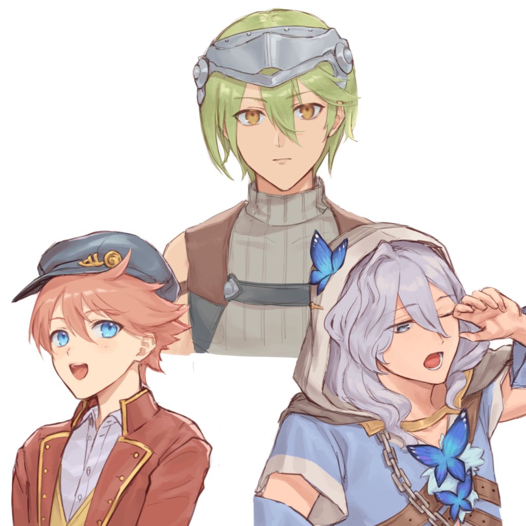 3boys :d blue_butterfly blue_coat blue_eyes blush brown_jacket bug butterfly cabbie_hat cecil_(rune_factory) closed_mouth coat collared_shirt commentary_request cropped_torso expressionless forehead_protector green_hair grey_hair grey_headwear grey_sweater hair_between_eyes hand_up hat hood hood_up jacket long_hair looking_at_viewer male_focus martin_(rune_factory) multiple_boys open_mouth orange_hair rune_factory rune_factory_5 ryker_(rune_factory) shirt short_hair simple_background sleeveless sleeveless_turtleneck smile sweater tanabe_rf turtleneck upper_body wavy_hair white_background white_shirt yawning yellow_eyes
