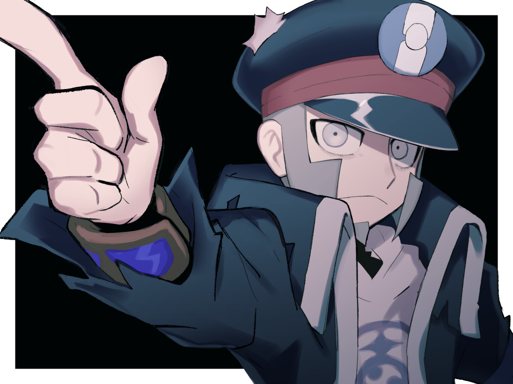 1boy a_(poipiku_325815) black_background black_coat black_headwear border closed_mouth coat commentary_request frown grey_eyes grey_hair hand_up hat high_collar ingo_(pokemon) long_sleeves looking_at_viewer male_focus peaked_cap pointing pointing_at_viewer pokemon pokemon_(game) pokemon_bw shirt short_hair sideburns solo upper_body white_border white_shirt