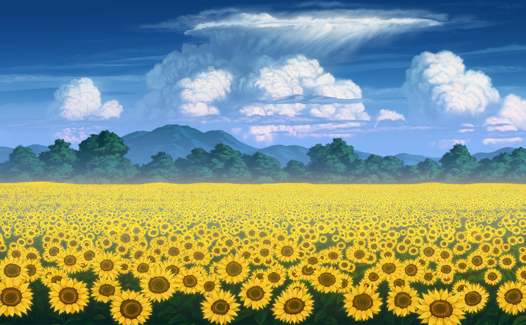 blue_sky clouds field flower flower_field forest game_cg garden_of_the_sun justinas_vitkus landscape leaf mountainous_horizon nature no_humans official_art outdoors sky sunflower sunflower_field third-party_source touhou touhou_cannonball tree yellow_flower