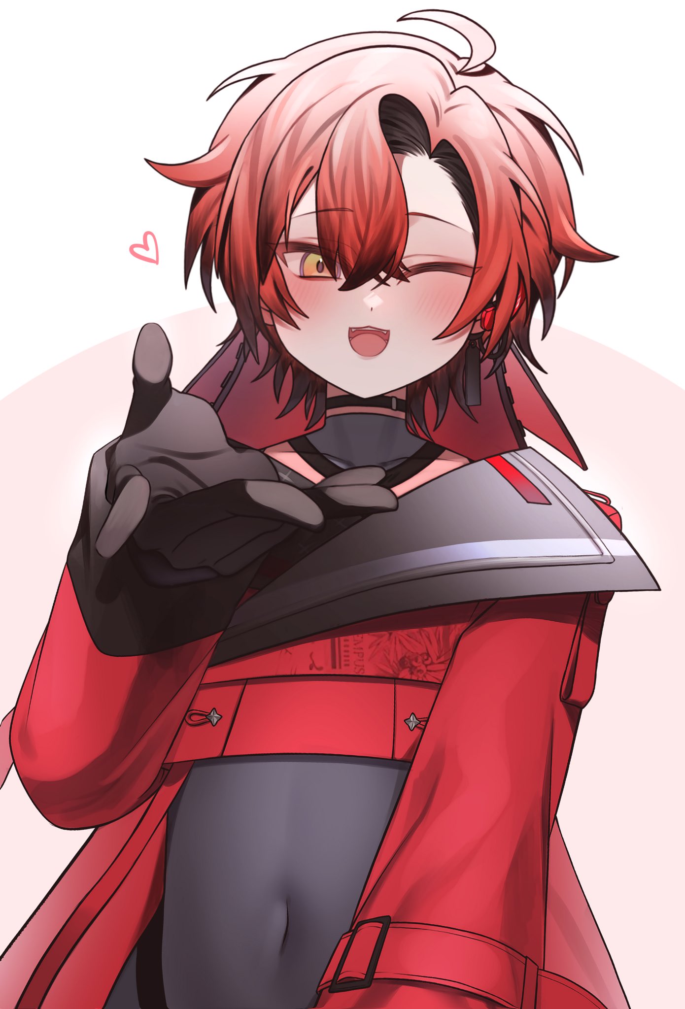 1boy :3 ahoge black_choker black_gloves blush choker earrings fangs gloves hair_between_eyes heart high_collar highres holostars holostars_english jacket jewelry looking_at_viewer machina_x_flayon male_focus one_eye_closed open_mouth pure_(berrypure) reaching reaching_towards_viewer red_jacket redhead short_hair solo standing tight_clothes virtual_youtuber white_background yellow_eyes